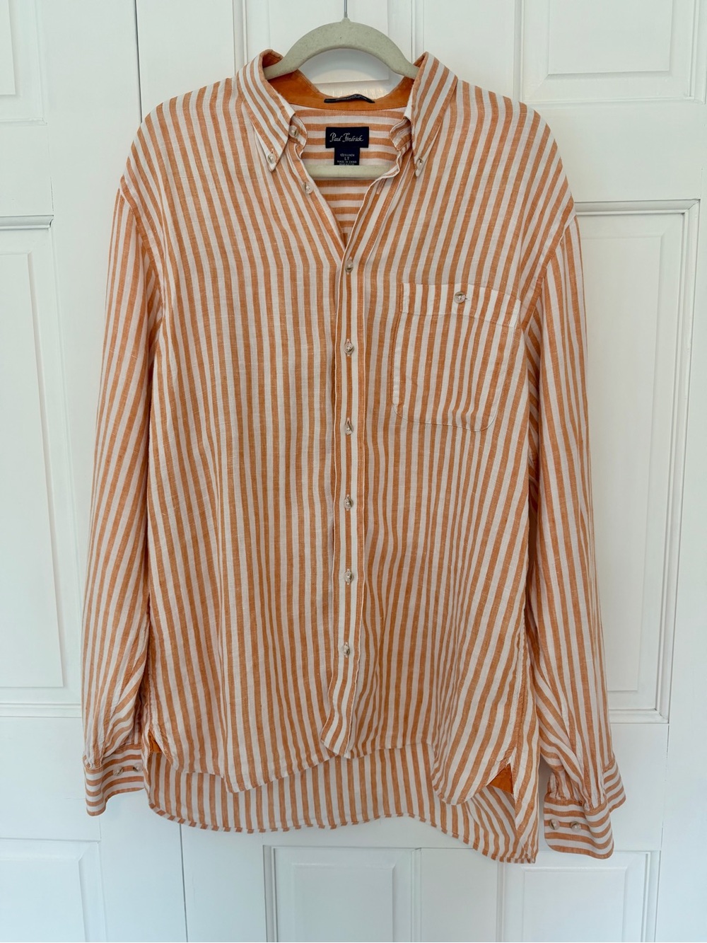 Paul Fredrick 100% Linen Shirt Large Tall Orange White Striped Button Down